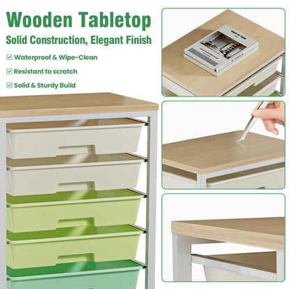 Rolling Storage Cart with 8 Drawers & Wooden Tabletop, Utility Cart On Wheels for Craft Storage, Home, School, Bedroom, Living Room, Dorm, Office, Classroom Storage Organizer Cart, Green, White