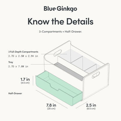 BLUE GINKGO Portable Desk Organizer – Compact 3 Compartment, Half-drawer Storage – Pen Holder, Stationery Desktop Organizer for Office, Makeup, Crafts (Made in Korea, Blue)