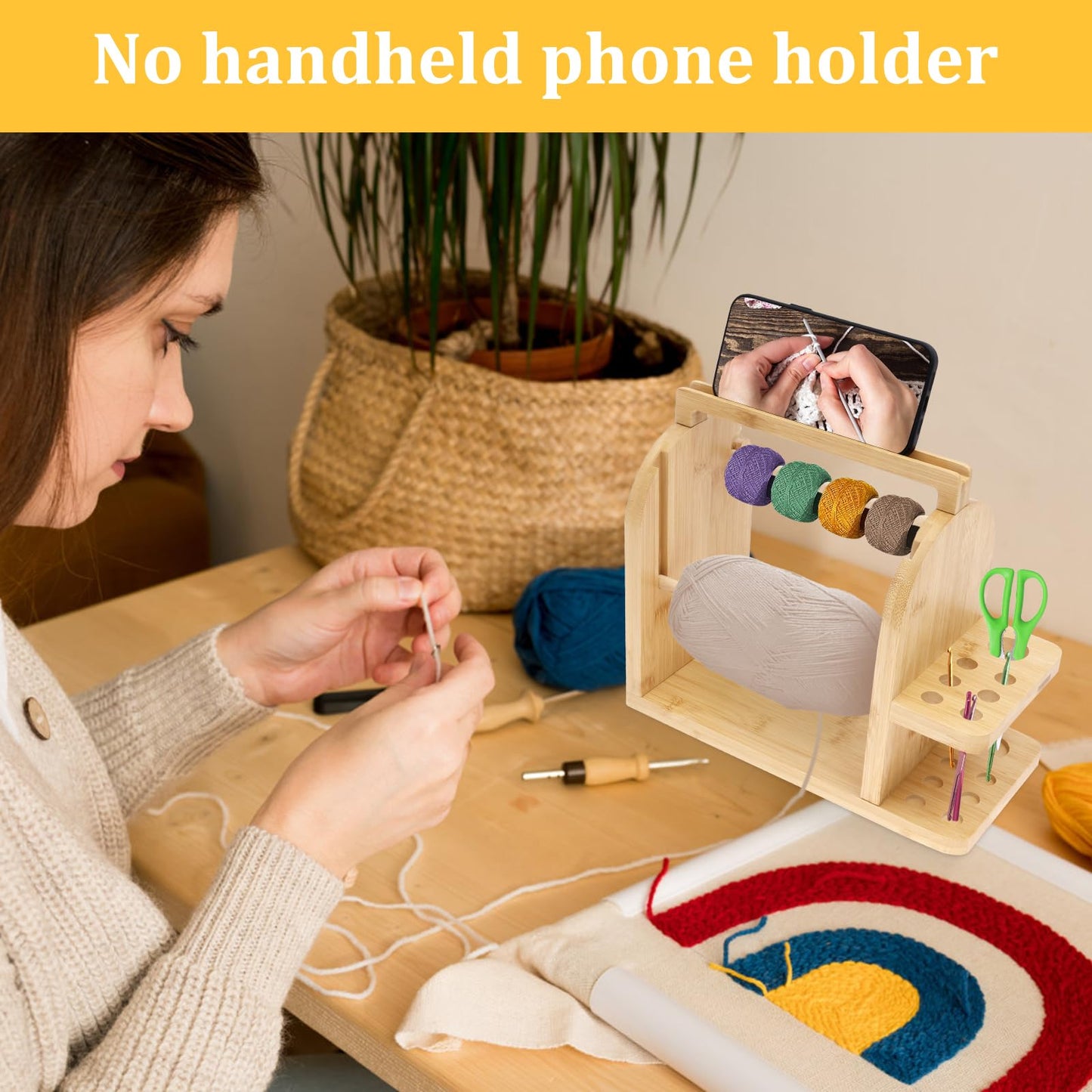 Yarn Holder for Crocheting and Knitting, Bamboo Wooden Yarn Spinner Storage Organizer with Built-in Phone Stand, Tangle-Free Dual Rods and Crocheting Tool Holder, Works with Skein,Cake,Ball