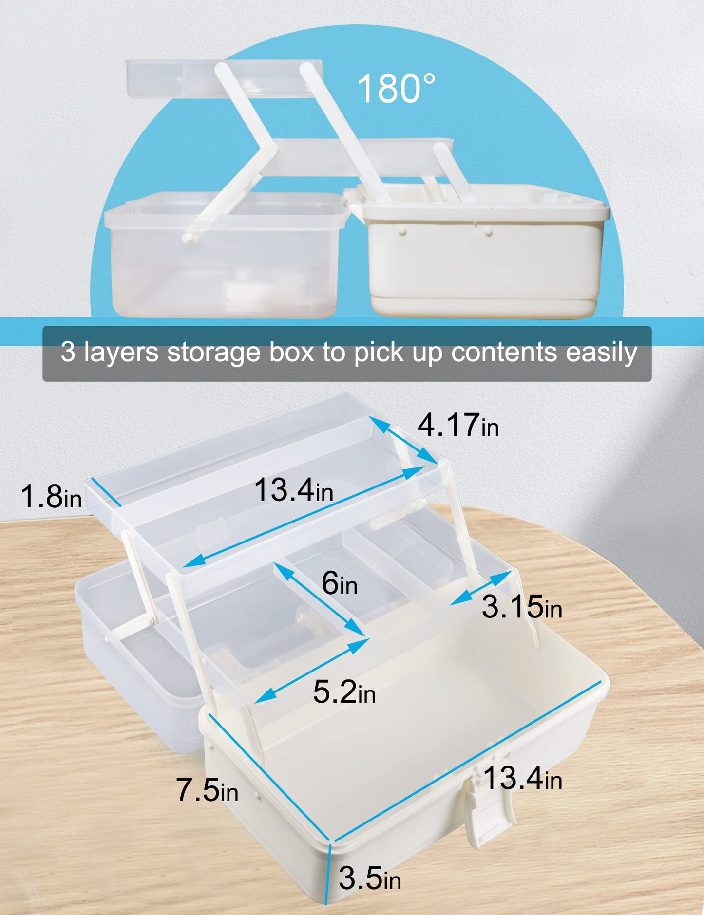 Facikono 3 Layer Multipurpose Storage Box White Tackle Box Organizer - Craft Organizer with Handle, Portable Art Supplies Case, Medicine First Aid Box, Sewing & Tool Organizer with Divided Trays