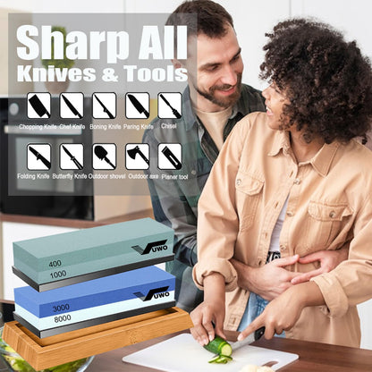 vuwo Knife Sharpening Stone Kit - Whetstone Grit 400/1000 3000/8000 Premium Knife Sharpener Wet Stone Set with Bamboo Base Angle Guide Leather Strop Flattening Stone Silicon holder
