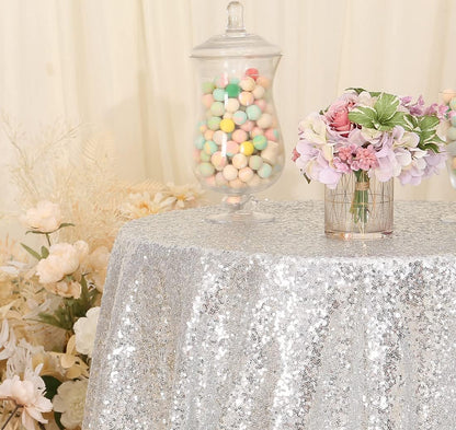 PartyDelight Silver Sequin Tablecloth Overlay 50 X 50 Inch for Wedding, Party, Birthday, Bridal, Baby Shower Decorations