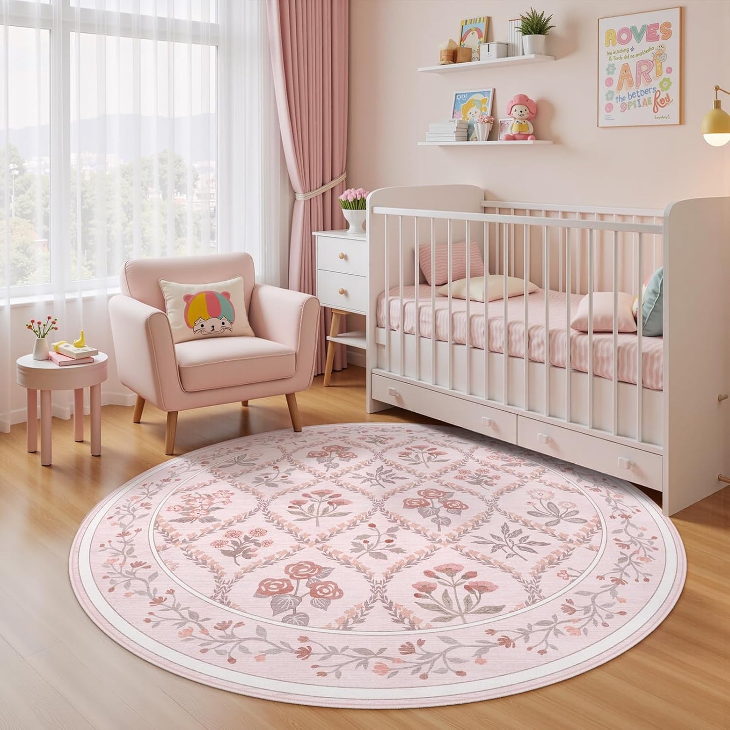 5ft Round Rug Washable Circle Rug Non Slip Low Pile Boho Floral Small Circular Rug for Bedroom, Bathroom, Entryway