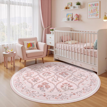 5ft Round Rug Washable Circle Rug Non Slip Low Pile Boho Floral Small Circular Rug for Bedroom, Bathroom, Entryway
