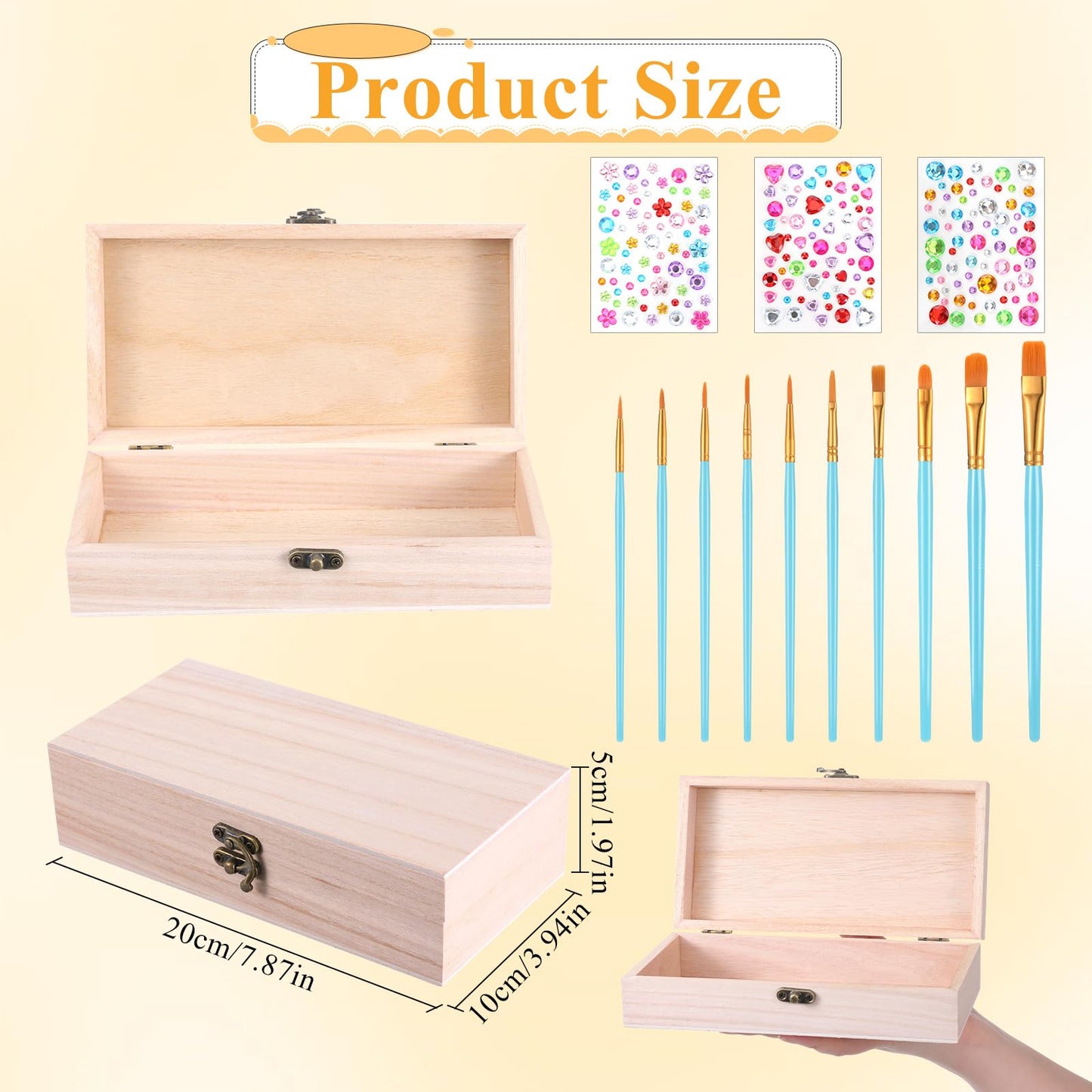 Yuanan 10PCS Unfinished Wooden Box for Crafts, 7.87x3.94 Inches Wooden Gift Boxes Small Woodens Boxes with 10 Paint Brush 3 Stickers, for DIY Make Your Own Gift Keepsake Box, Jewelry