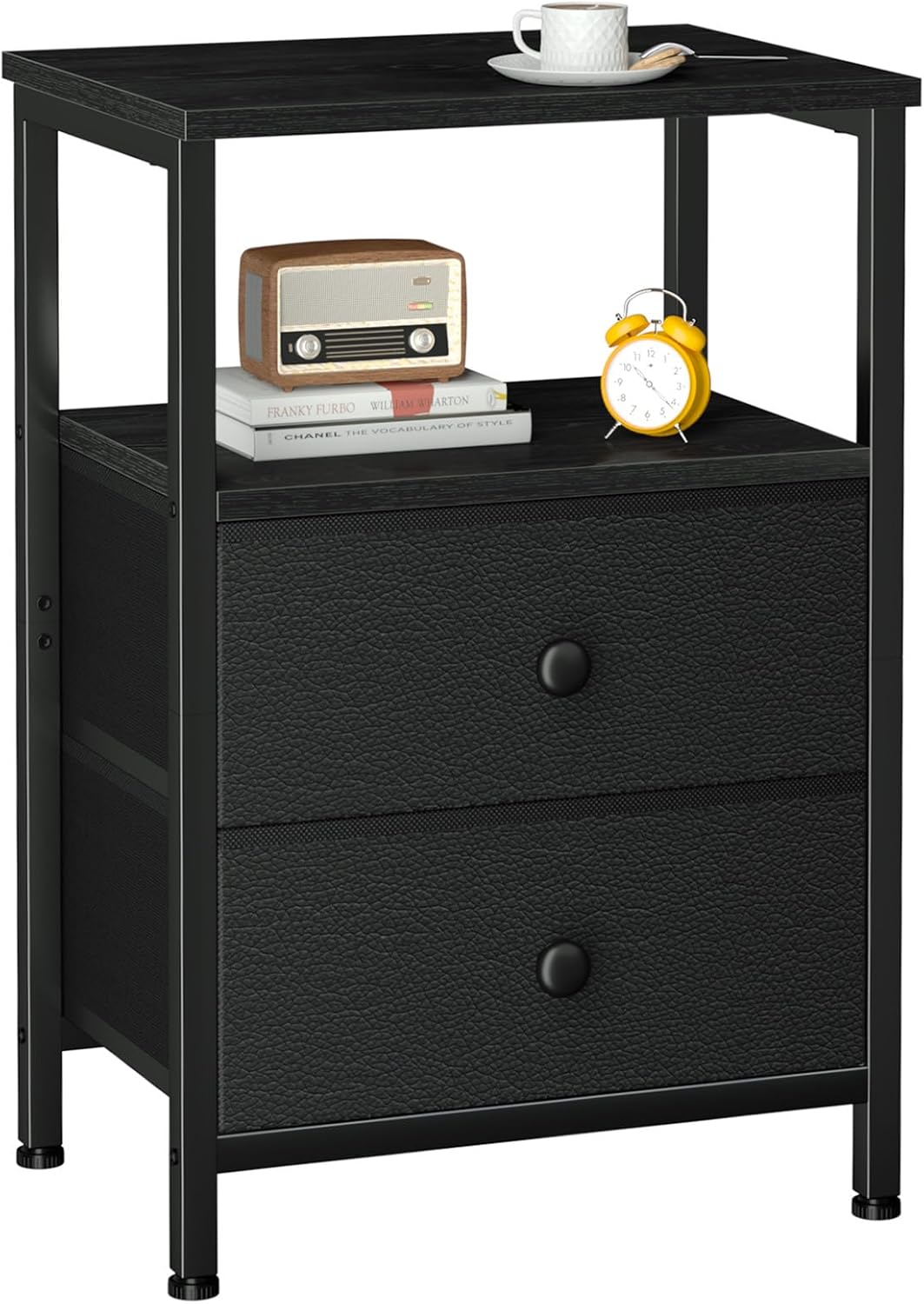 2 HETS002BK-1 LOAKEKEL Night Stand, Nightstand with Fabric Drawers for Bedroom, Small End Table with Open Storage Shelf