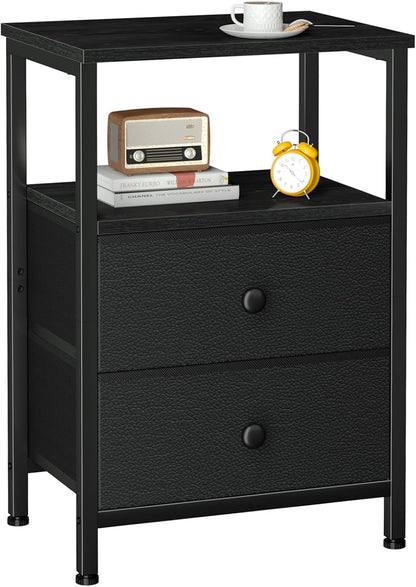 2 HETS002BK-1 LOAKEKEL Night Stand, Nightstand with Fabric Drawers for Bedroom, Small End Table with Open Storage Shelf