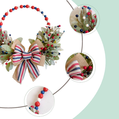 TEMPUS 4th of July Independence Day Wreath Red, White and Blue Wooden Bead Berries Wreath Lambs Leaves Ring Wreath 16 inch Patriotic Decorations for Front Door，Memorial Day Flag Day Veterans Day
