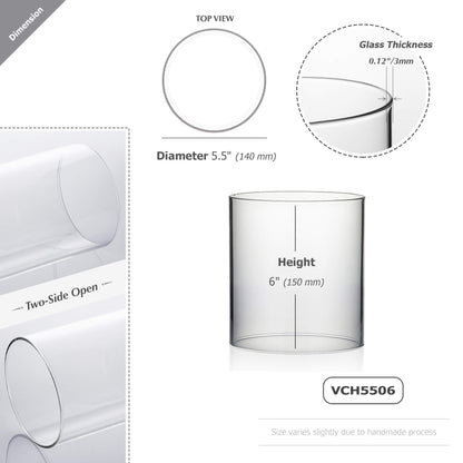WGVI Hurricane Candle Holder Sleeve, Wide 5.5", Height 6", Clear Glass Cylinder Candleholder, Chimney Tube, Open Ended Candle Shade, 1 Piece