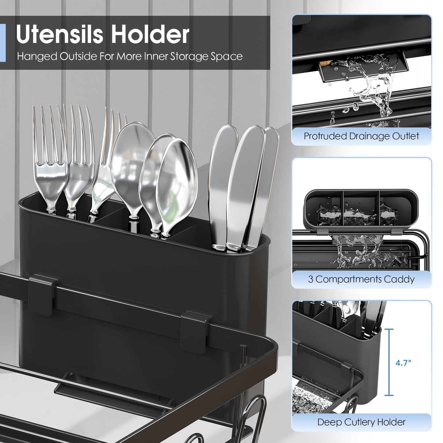 Urackify Dish Drying Rack for Kitchen Counter, Sink Dish Rack with Drainboard 12.2" W x 16.5" L, Large Dish Drainer with Cutlery Holder, Home Countertop Plate Dryer Storage Rack, Black
