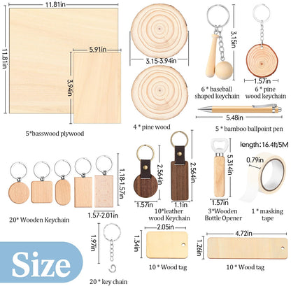 Briwooody 100 Pcs Laser Material Kit Engraving Blanks Wooden Keychains Blanks Set Laser Cutting Materials Unfinished Wooden Engraving Key Tag Ring for DIY Gifts Crafting Cutters