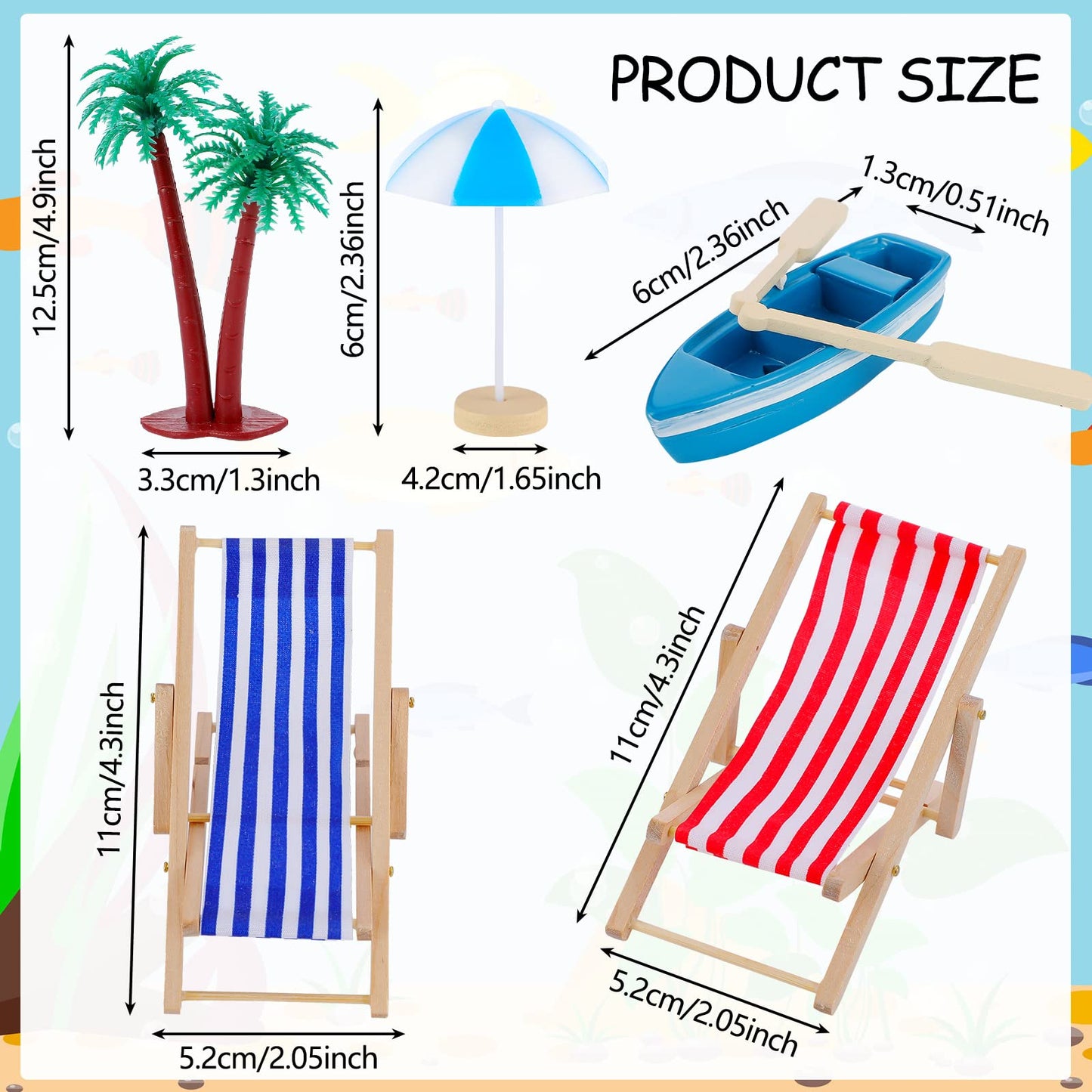 Minatee 25 Pcs Beach Miniature Dollhouse Decoration, Umbrella Palm Chair Miniature Toys Garden Dollhouse Outdoor Accessories Beach Decorations for DIY Garden Plant Pool(Red, Blue)