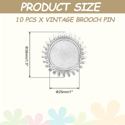 MECCANIXITY 10 Pcs Cabochon Brooch, 25mm Alloy Findings Trays Round Pins, Vintage Setting Brooch Pins for DIY Jewelry Making Pendants Photo Craft, Sunflower Style, Silver