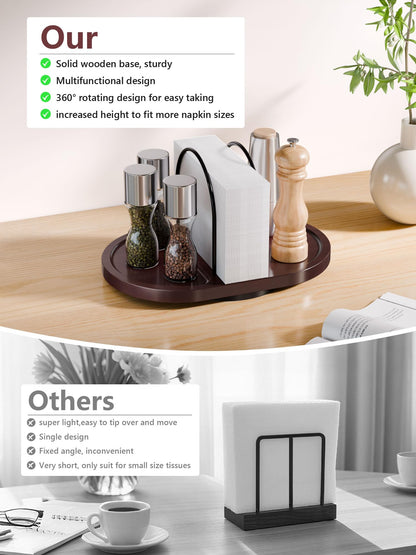 Primo Lines Rotating Napkin Holder for Table with Built-In Space for Salt and Pepper Shakers, Wooden Metal Caddy Rustic Table Organizer with 360 Degree Spin for Kitchen Decor and Accessories (Walnut)