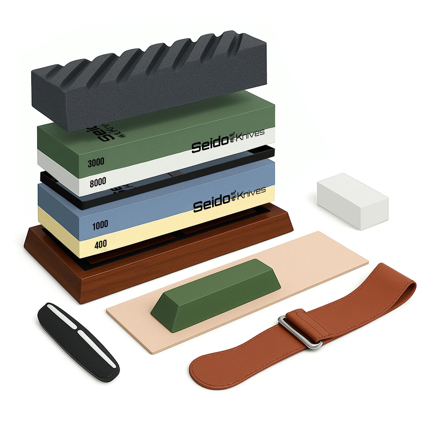 Seido Knives Professional Whetstone Set, Knife Sharpening Stone Kit Dual Grit Whetstone 400/1000 3000/8000 Knife Sharpener with Leather Strop