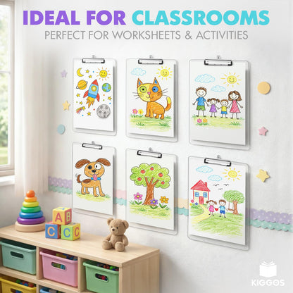 Kiggos 6 Pack Acrylic Clear Clipboards Bulk Transparent Clipboard with Low Profile Metal Clip 12.5 x 9 Inch Letter Size Classroom Clipboard Set with Hanging Hook Holds 100 Sheets