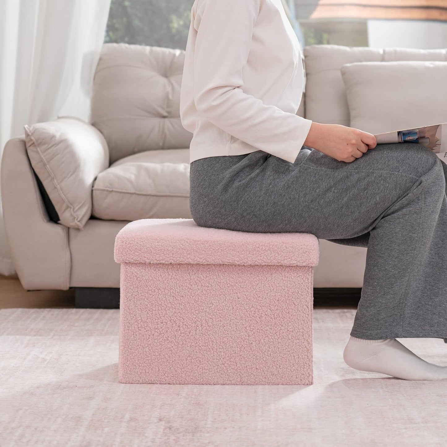 16 Inch 331 lb Folding Storage Ottoman Bench, Boucle Small Ottoman Foot Rest for Couch, End of Bed Bench with Capacity