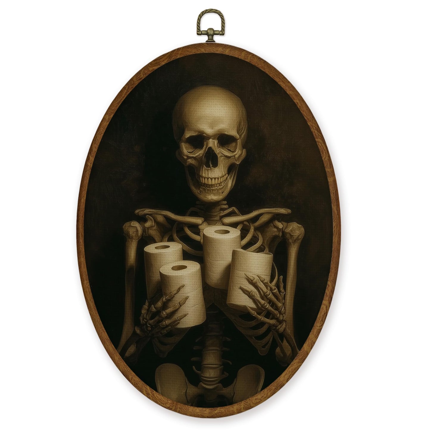 WULQYING Funny Gothic Skeleton Bathroom Wall Art Decor, Dark Academia Skeleton Oval Framed Canvas Art Prints, Halloween Wall Hanging Decor for Home Bathroom Washroom Restroom Toilet, 8.6x11.4 Inches