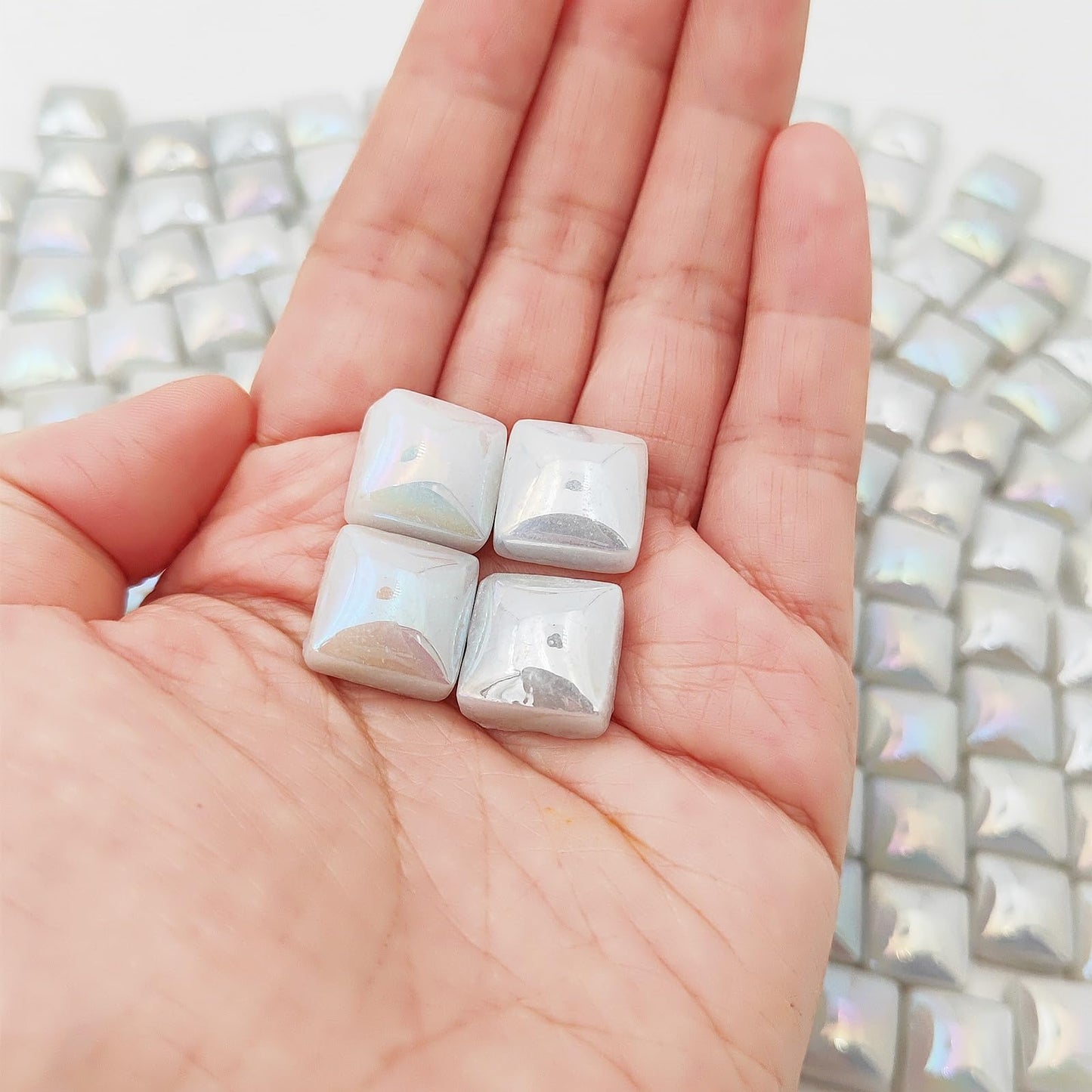 1.1lb Crystal Glass Mosaic Tiles for Crafts, 0.6"x 0.6" Square Mosaic Glass Pieces for Artwork,Garden Kit Decor (Plated White)