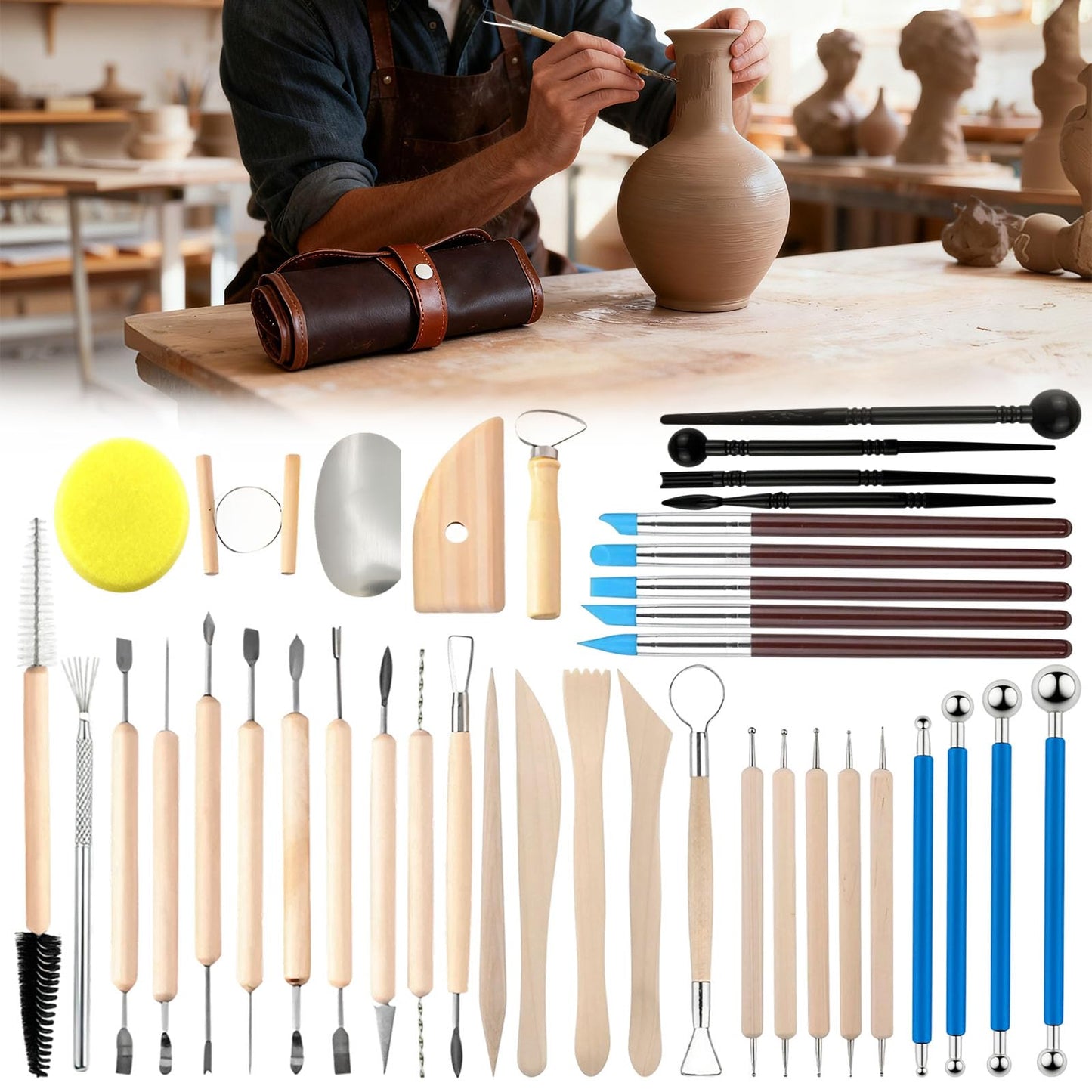 Pottery Clay Sculpting Tools Kit: 39Pcs Foam Clay for Stippling Carving Shaping Molding with Storage Bag - Air Dry Clay for Professional Polymer Artists Even Beginners