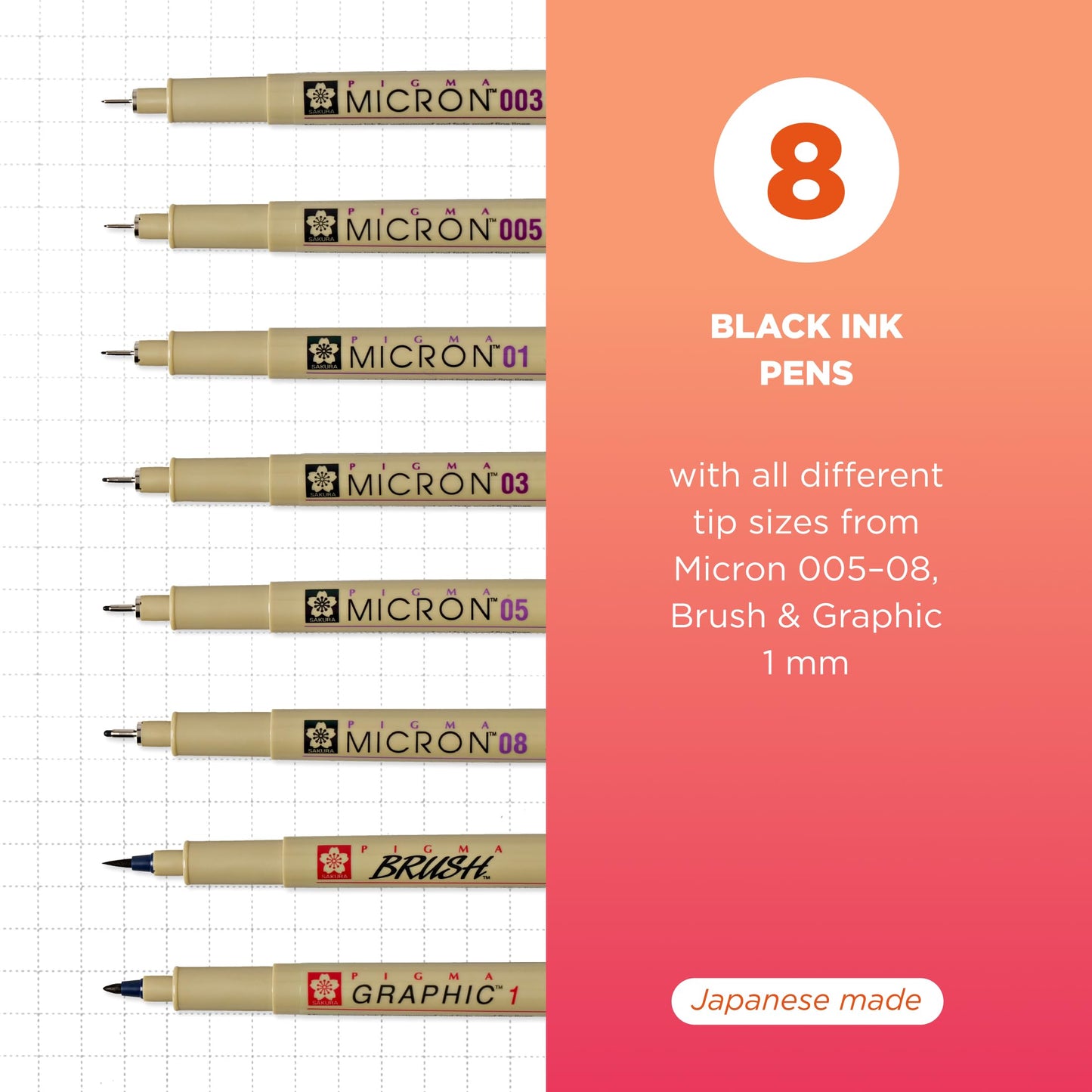 Sakura Pigma Micron, Graphic & Brush Fineline Pens, Archival Black Ink, 8 PK 30067
