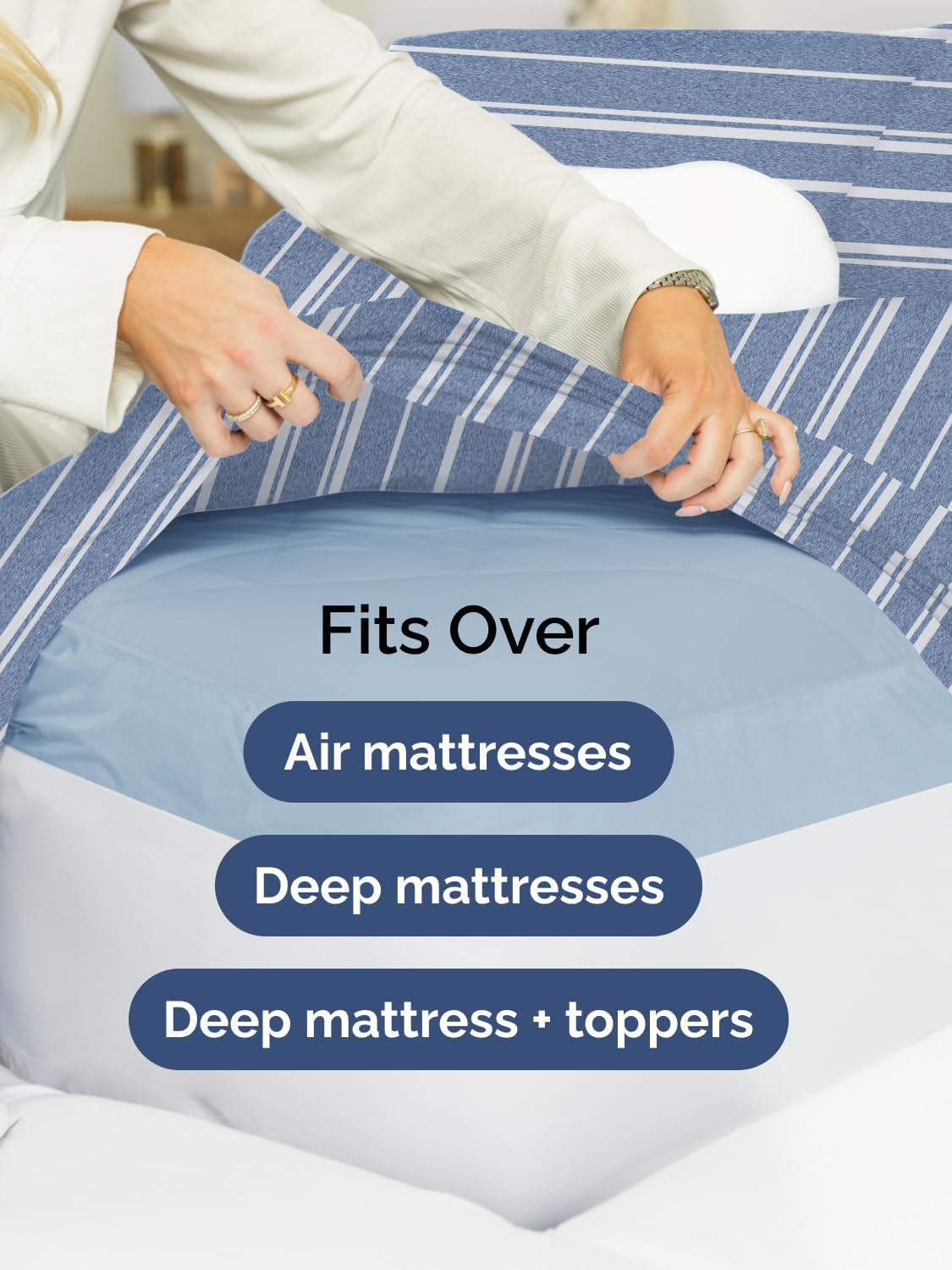 Skiennix Extra Deep King Sheet Set - 6-Piece Breathable Cooling Bedding - Soft, Wrinkle-Free Blue Stripes