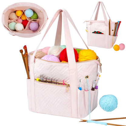 Veirdro Crochet Bag Organizer for Yarn Storage, Velvet Knitting Tote Bag with Double Handle for Crochet Accessories, Portable Travel Case for Yarn Balls, Crochet Hooks& Knitting Needles Holder (Pink)