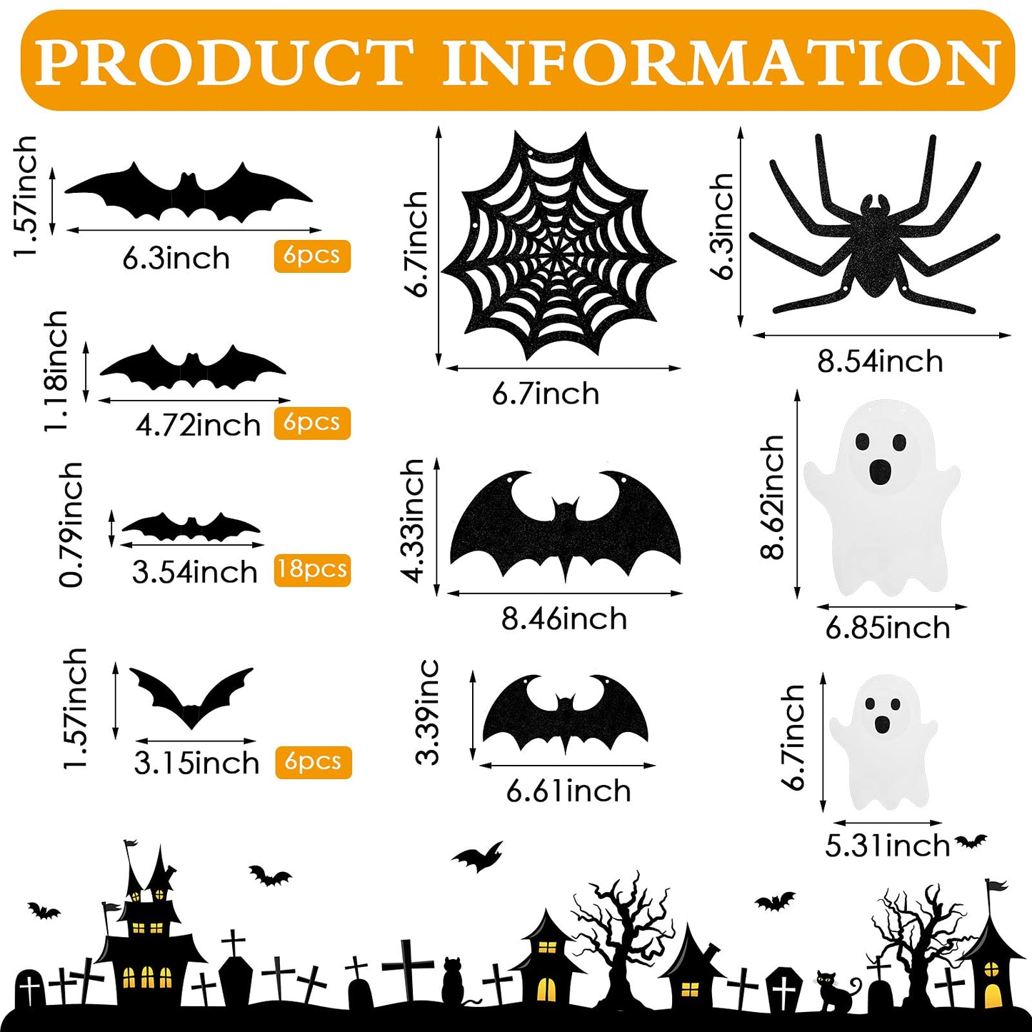 39 Pieces Halloween Decorations Black Glittery Bat Banner Spider Ghost Garland 3D Bat Wall Stickers for Halloween Party Haunted House Decoration Indoor Outdoor Mantel Supplies