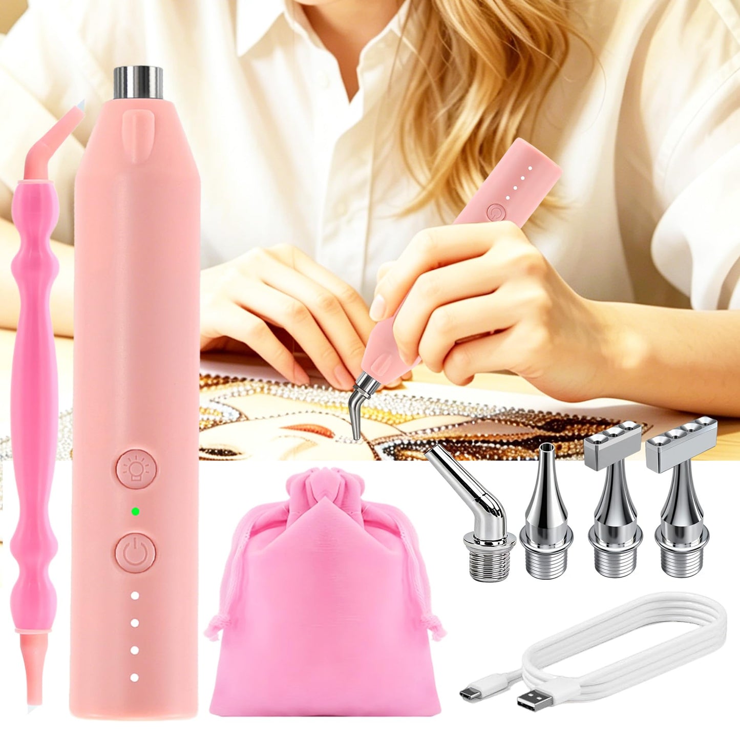 Electric Diamond Painting Pen with Light, Cordless Diamond Art Vacuum Pen no Wax Needed, Rechargeable Diamond Art Pen, Steel Screw Multi-placer, 3-Speed, Diamond Art Accessories with Cutter (Pink)