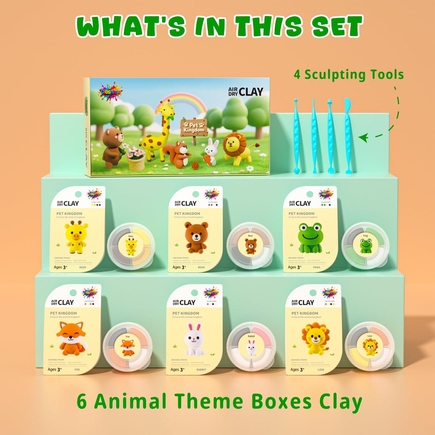 Air Dry Clay for Kids - 6 Animal Themed Modeling Clay Kit, Model Magic Clay with Sculpting Tools and Tutorials, Ultra Light & Soft, Non-Toxic & Safe, DIY Arts and Crafts School Projects for Kids