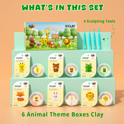 Air Dry Clay for Kids - 6 Animal Themed Modeling Clay Kit, Model Magic Clay with Sculpting Tools and Tutorials, Ultra Light & Soft, Non-Toxic & Safe, DIY Arts and Crafts School Projects for Kids
