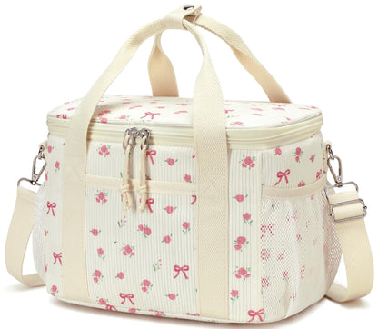 BTOOP Insulated Lunch Bag for Women, Cute Leakproof Lunch Tote, Large Capacity Aesthetic Lunch Box Bag with Shoulder Strap for Work, School, Picnic Pink Bow Floral