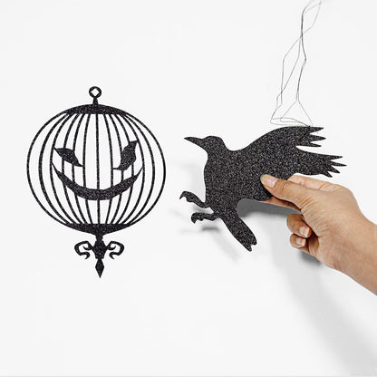 Cheerland Glitter Black Crow Cage Halloween Decorations Bird Raven Hanging Banners for Gothic Halloween Garland Backdrop Centerpiece Wall Cutouts for Horror Theme Birthday Wedding Yard Party Supplies