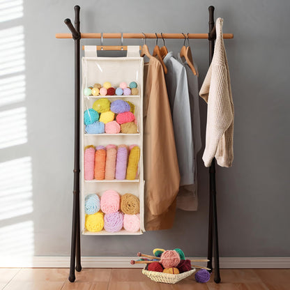 Univivi Hanging Yarn Storage Organizer with 4 Clear Compartments & Side Knitting Needles Pocket, Hanging Yarn Holder for Crochet Lovers (Beige)