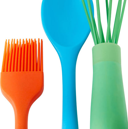 C.R. Gibson Kids in The Kitchen Silicone Utensil Set, Oil Brush, Spoon, Whisk, Long Spatula, Multicolor