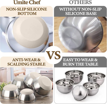 Umite Chef Mixing Bowls Set - 8PCS Stainless Steel Nesting Bowls with Airtight Lids & Grater | Non-Slip Bottoms, Khaki, 1.5QT to 5QT