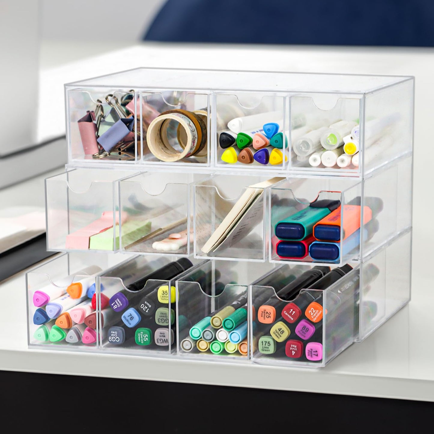 ZEXALOR Clear Desk Organizer Storage with 12 Drawers, Desktop Organizers, Bathroom Office Supplies, Plastic Storage Drawer for Makeup, Jewelry, Pen, Stationary, Hair Accessories, Sunglass (12-Drawer)