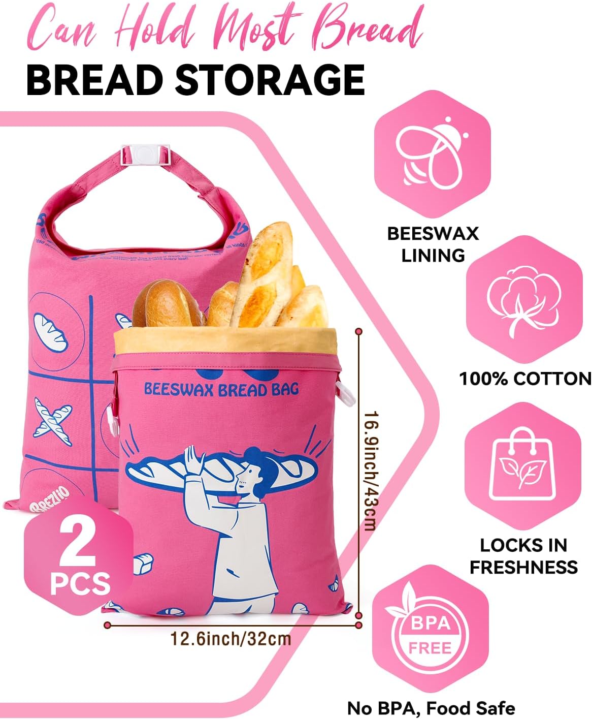 Brezlio 2 Pack Beeswax Bread Bags Reusable for Homemade Sourdough - Large Cotton Bread Storage Bags - Keeps Bread Fresh