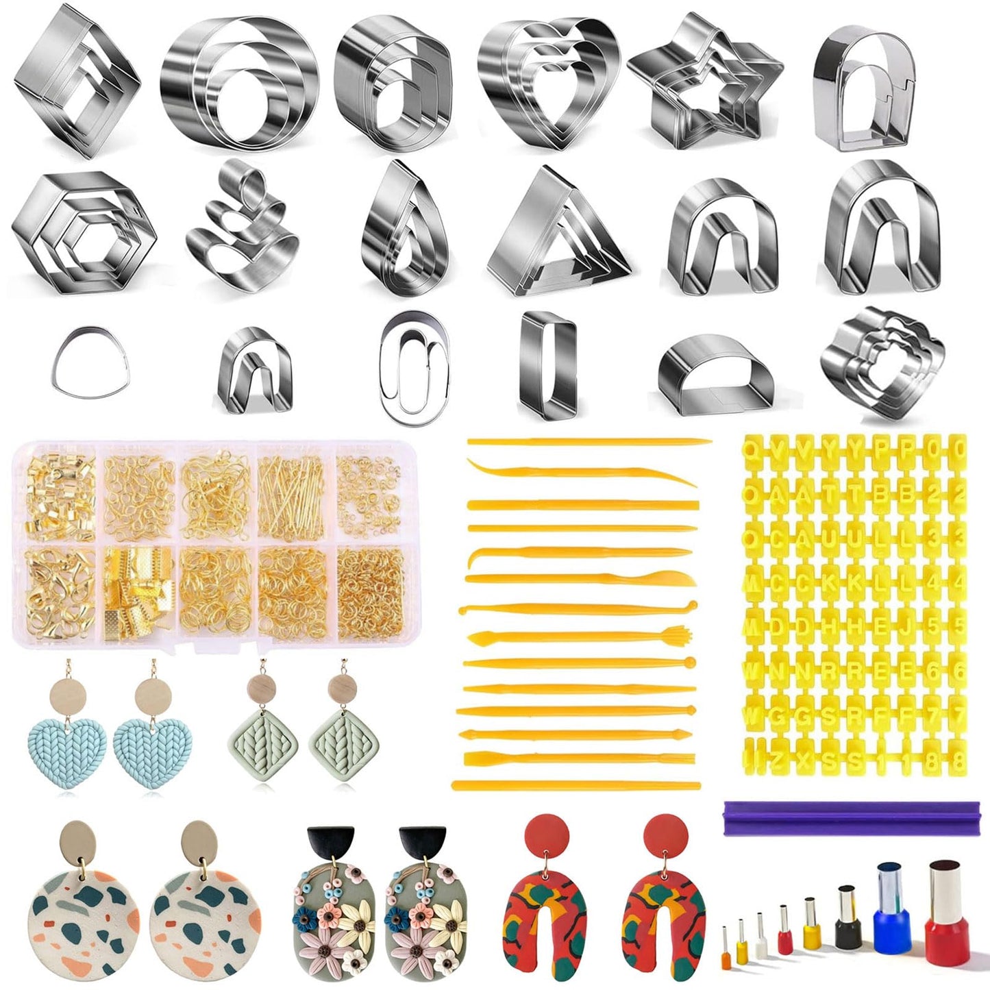 Fesorsi 772 Pcs Clay Earring Making Kit, 39 Polymer Clay Molds Stainless Steel, Polymer Clay Tools with 8 Circle Cutters, 1 Clay Letter Stamps and 710 Pcs Earring Accessories for DIY Jewelry