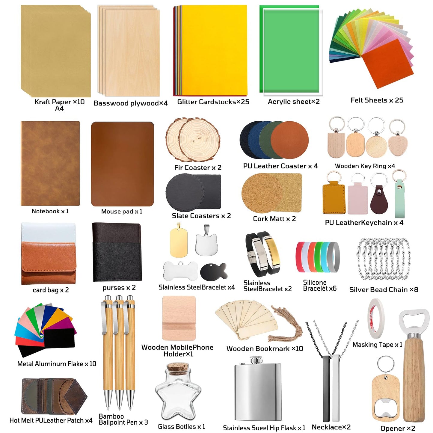 144 PCS Laser Engraving Material Kit, 29 Kinds of Laser Engraving Supplies Including Acrylic, Wood, PU Leather, Glass, Metal, Rock, Fabric, Rubber Materials for Laser Cutter Engraver