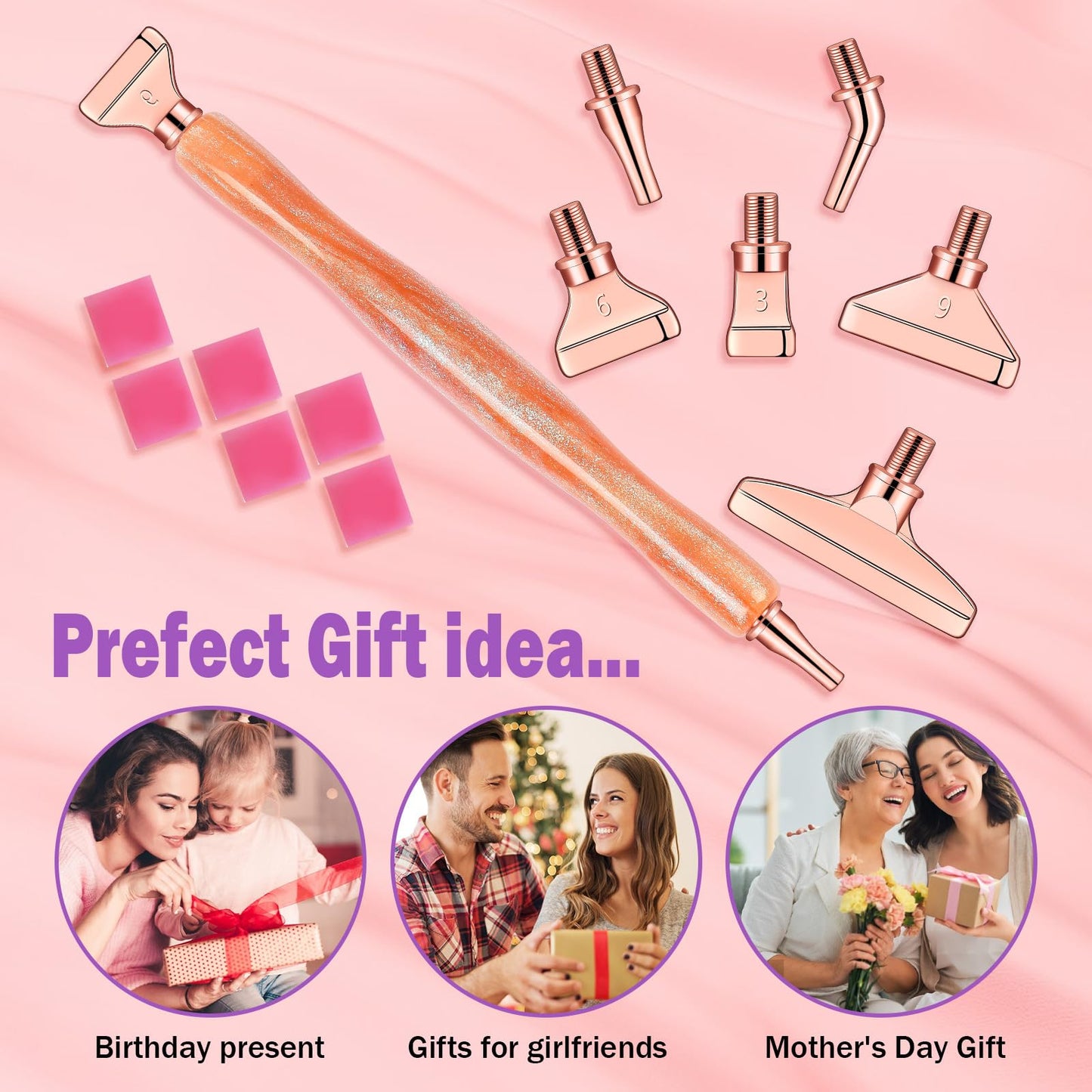 Snewvie Diamond Painting Pen Accessories Tools Set,3PCS Glitter Diamond Art Pen and 12Pcs Rosegold Metal Screw Thread Multi Placer Tips,Resin Diamond Painting Drill Pens for DIY Diamond Art
