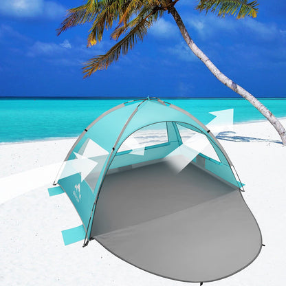 Oileus Beach Tent 2-3 Person Portable Sun Shade Shelter UV Protection, Extended Floor Ventilating Mesh Roll Up Windows Carrying Bag Stakes 6 Sand Pockets Fishing Hiking Camping, Light Green