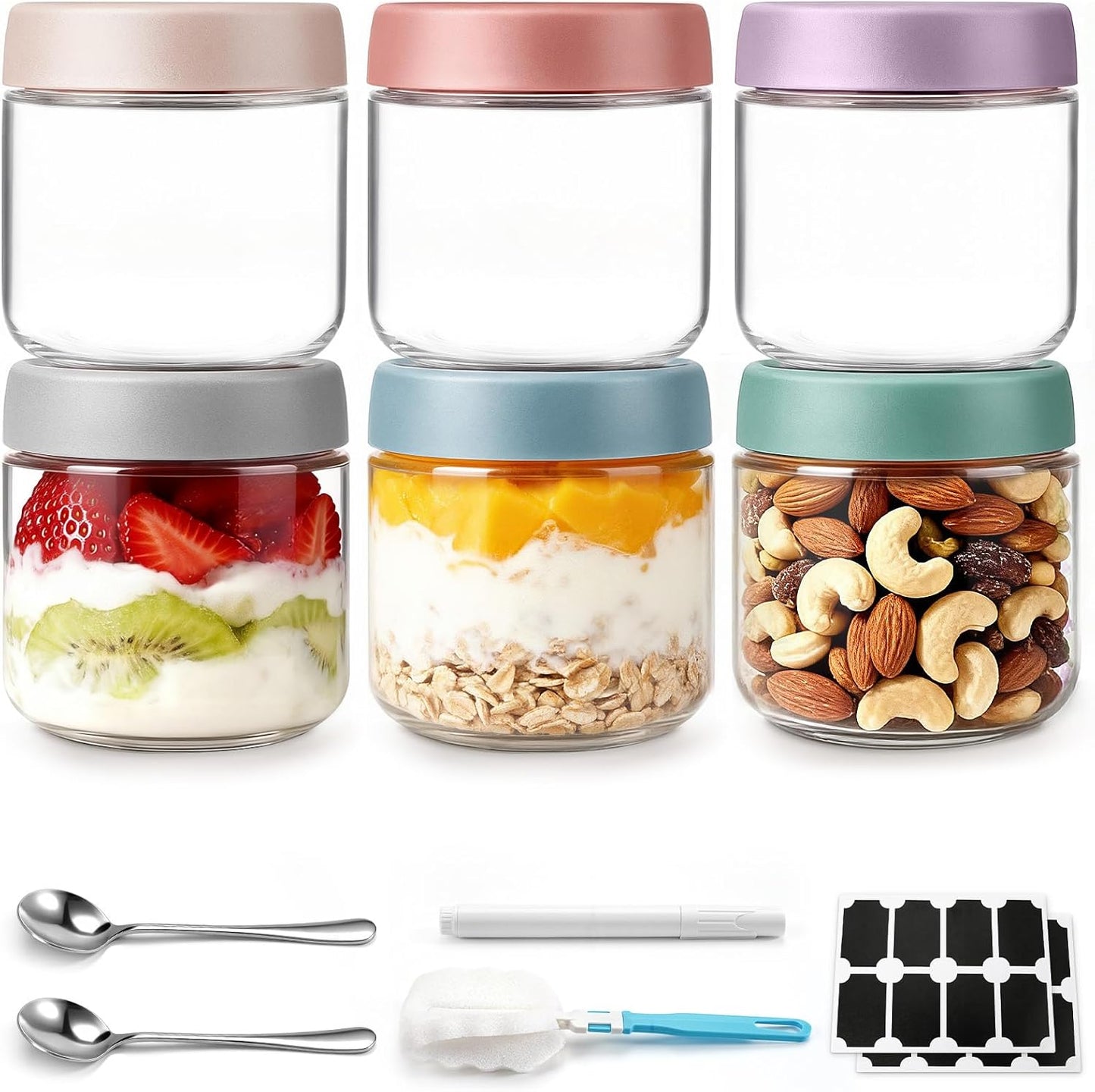 6 pack 10 oz Overnight Oats Containers with Lids and Spoons Glass Jars with Airtight Lids: Wide Mouth Mason Salad Jars