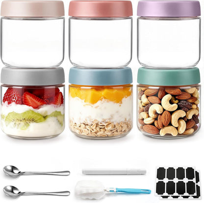 6 pack 10 oz Overnight Oats Containers with Lids and Spoons Glass Jars with Airtight Lids: Wide Mouth Mason Salad Jars