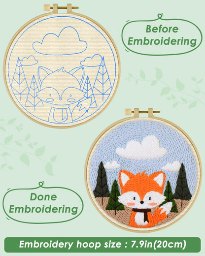 ERKOON Punch Needle Kit for Beginners Adults, DIY Easy Animal Embroidery Set for Starter Art Craft, Needling Punch Project with Patterns, Tools, Yarns, Hoop, Instruction (Fox)