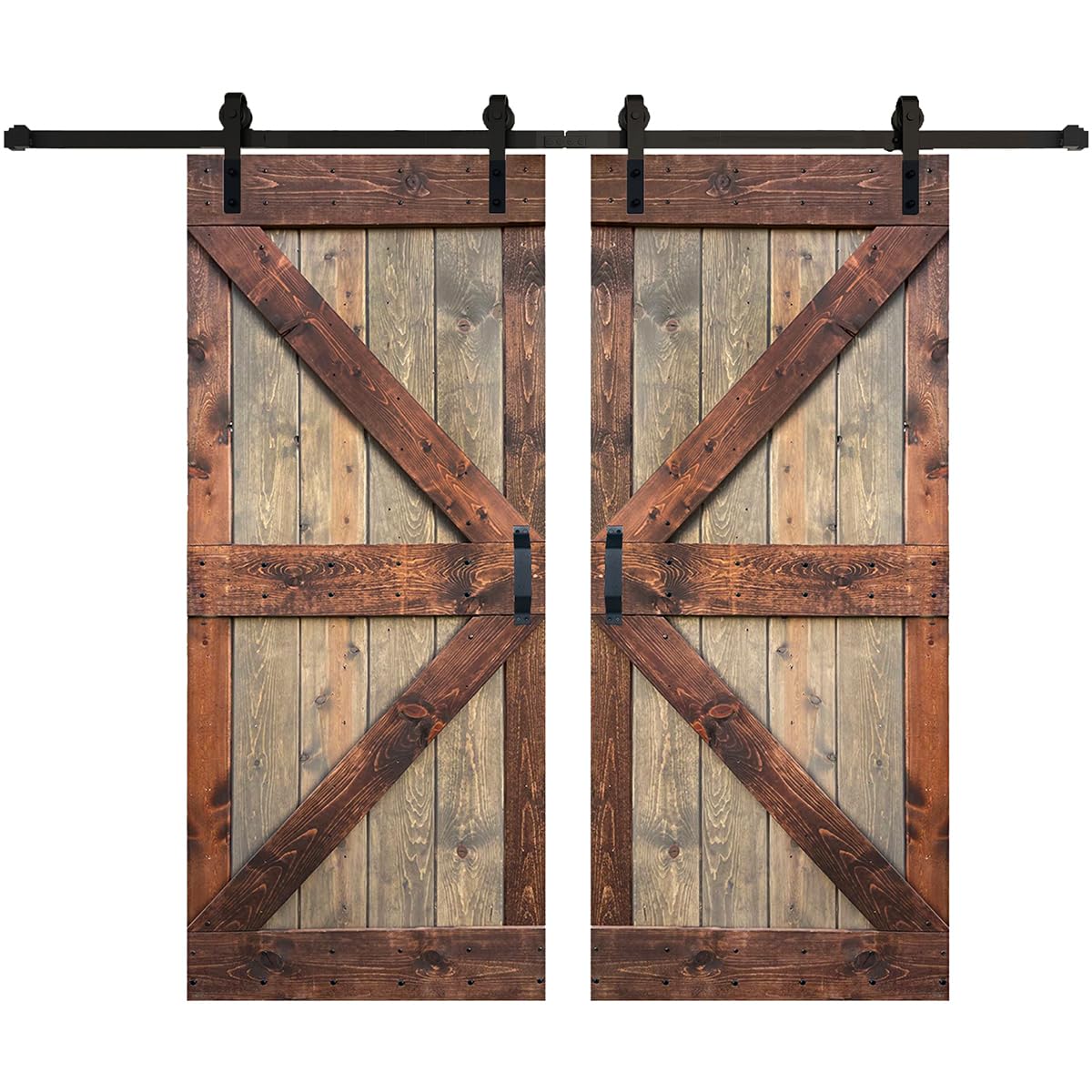 K Series 72in x 84in (36in x 84in x 2 Panels) Brown/Walnut Finished Solid Wood Double Sliding Barn Door with Hardware Track - Assembly Needed