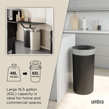 Umbra Vento Kitchen Trash Can – Large 16 Gal (62 L) Open Top Garbage Can for Home & Office – Modern Clean Design, Black/Nickel