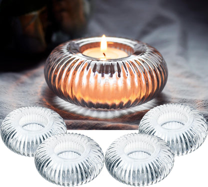 4 pcs Ribbed Clear Glass Tealight Candle Holders - Unique Boss Gifts for Women, for Her, Housewarming Wedding Tablescape Decor