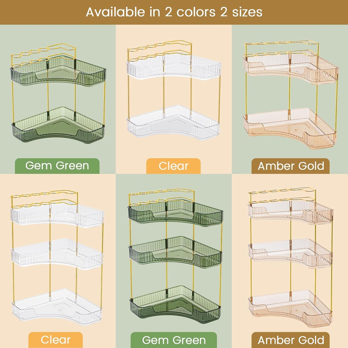 NATURE'S SOURCE Amber Gold Makeup Organizer, 3-Tier Corner Bathroom Countertop Storage with Makeup Brush Holder
