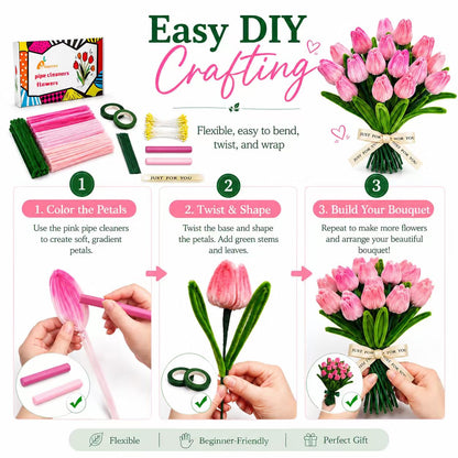 Quaystars 400Pcs Pipe Cleaners Crafts Bulk,Pipe Cleaner Flower Kit,Arts and Crafts for Adults (Green,Pink)